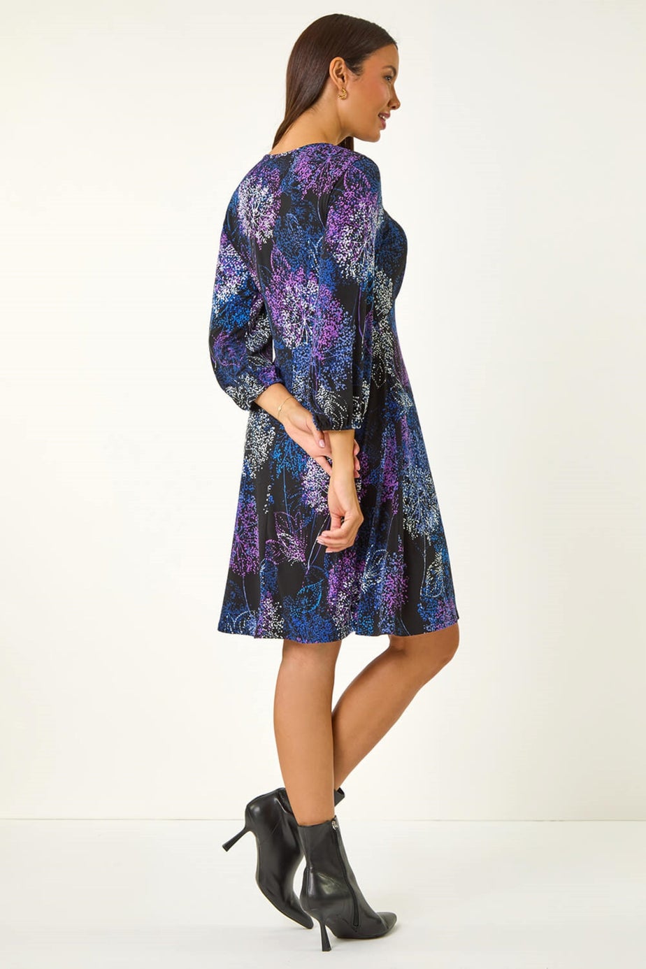 Roman Purple Foliage Print Tea Dress