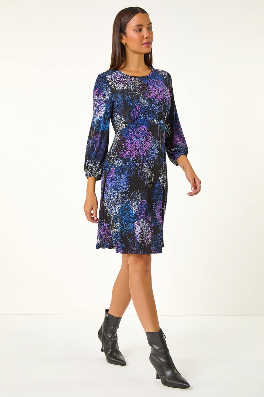 Roman Purple Foliage Print Tea Dress