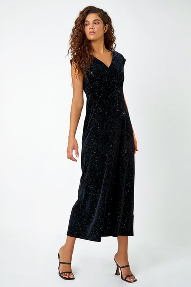 Roman Teal Glitter Velvet Maxi Stretch Dress