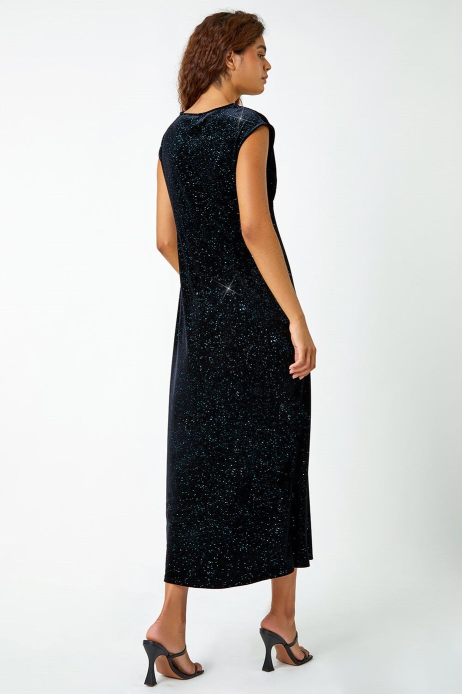 Roman Teal Glitter Velvet Maxi Stretch Dress
