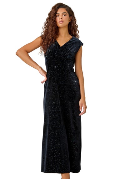 Roman Teal Glitter Velvet Maxi Stretch Dress
