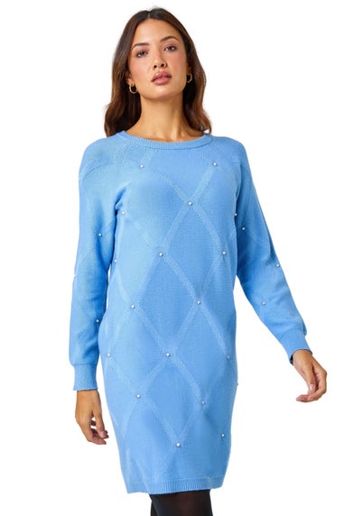 Roman Light Blue Pearl Embellished Jumper Dress