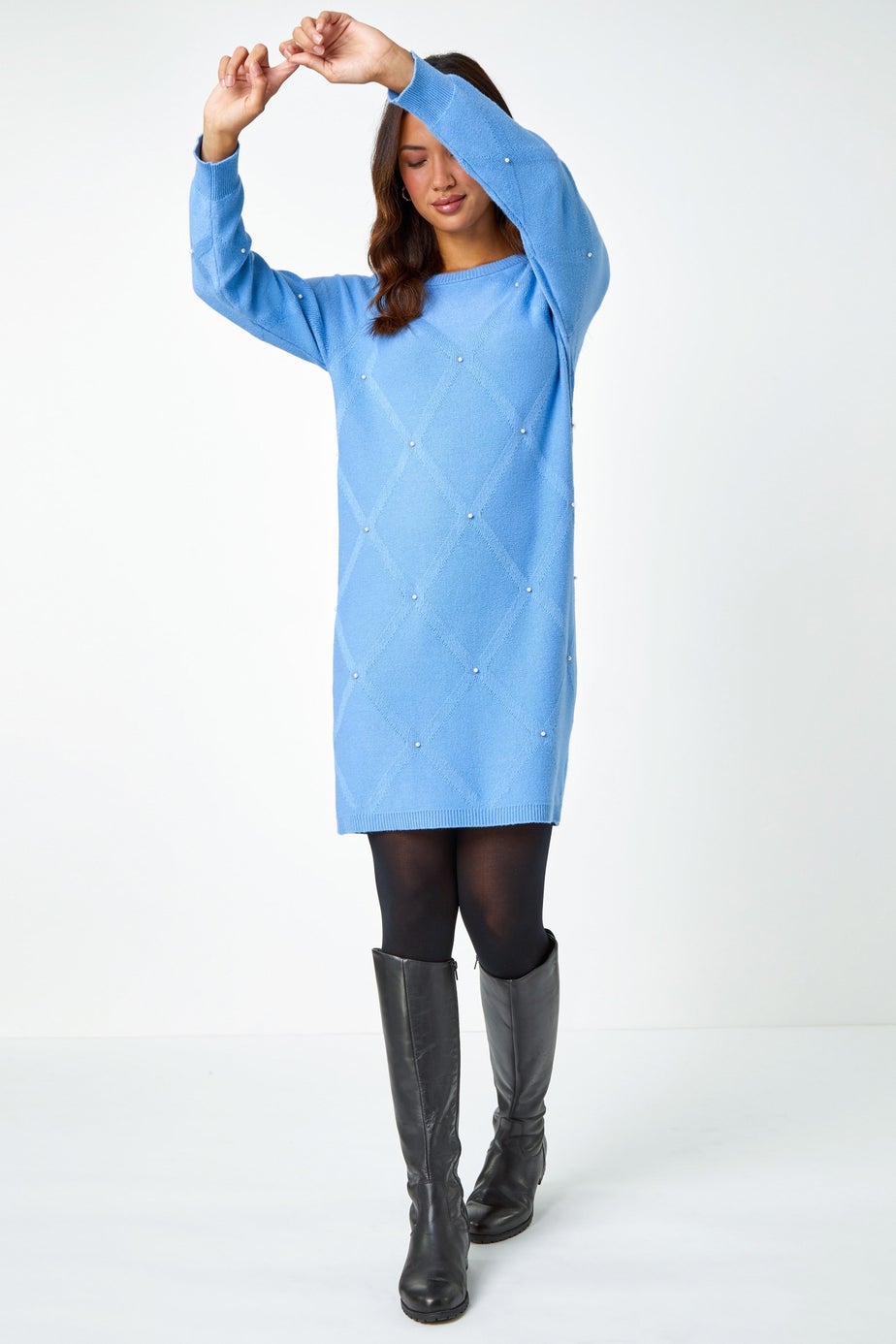 Roman Light Blue Pearl Embellished Jumper Dress