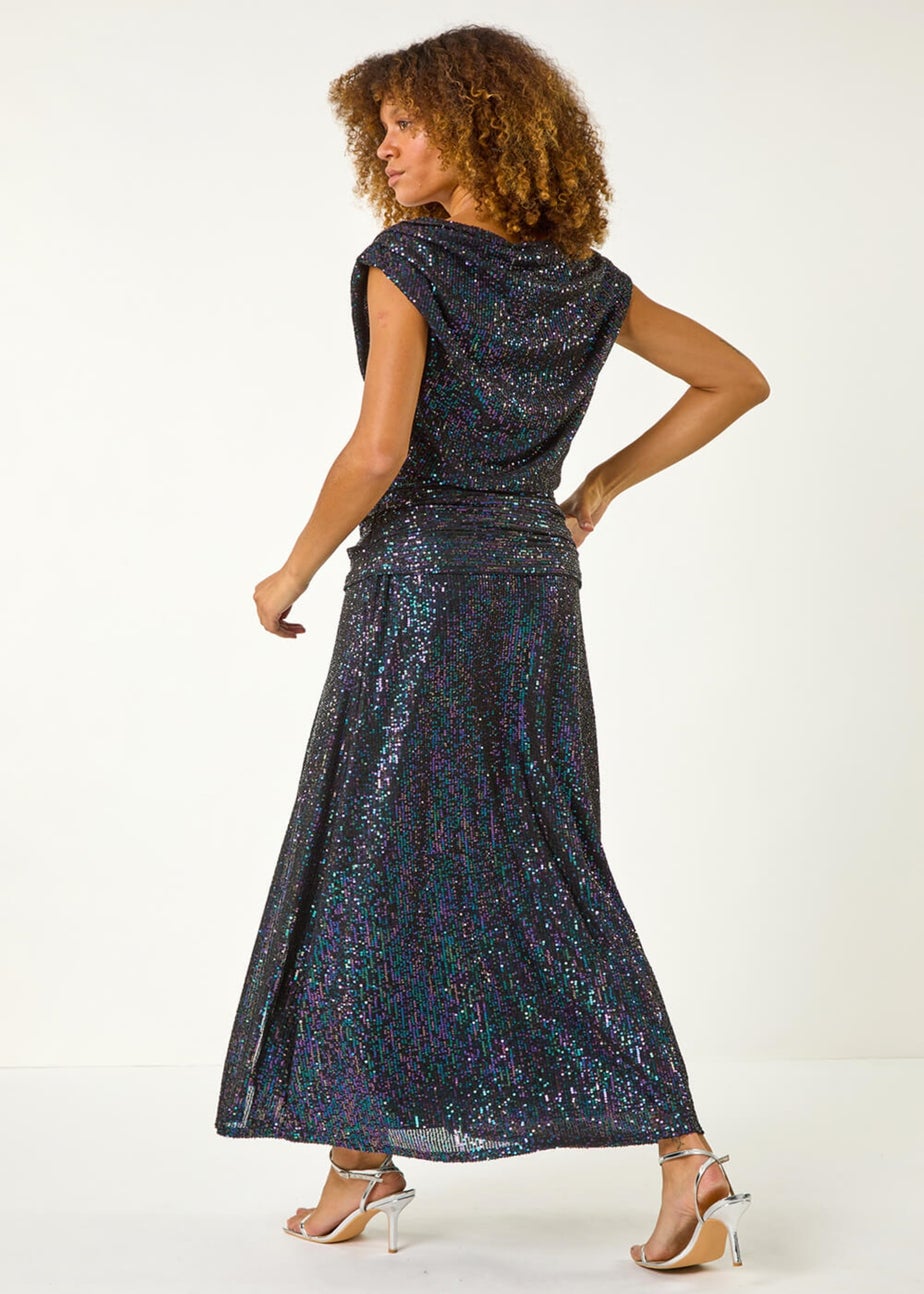 Roman Purple Sequin Cowl Neck Maxi Stretch Dress