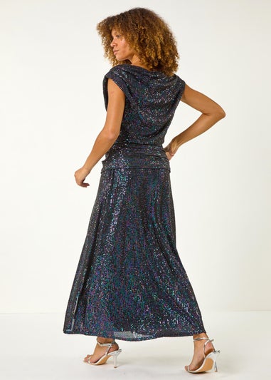 Roman Purple Sequin Cowl Neck Maxi Stretch Dress