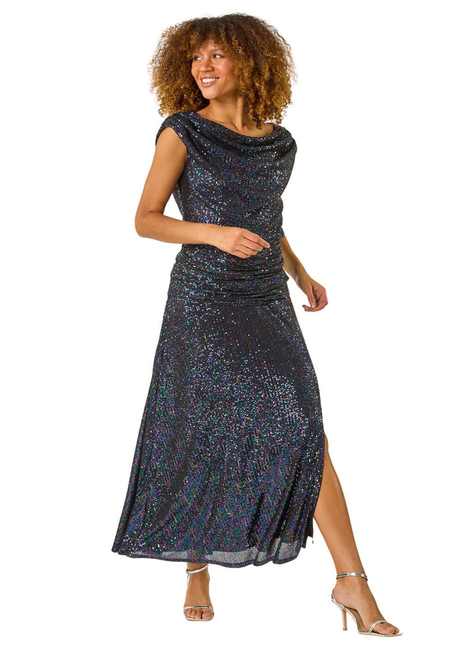 Roman Purple Sequin Cowl Neck Maxi Stretch Dress