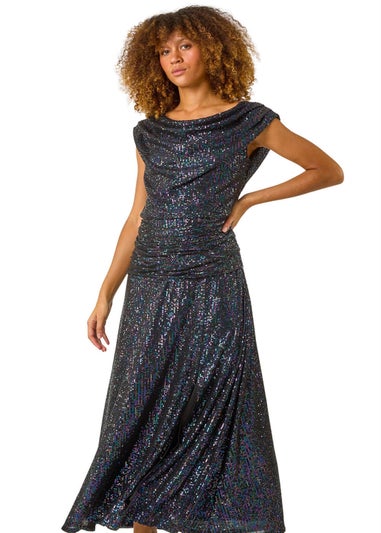 Roman Purple Sequin Cowl Neck Maxi Stretch Dress