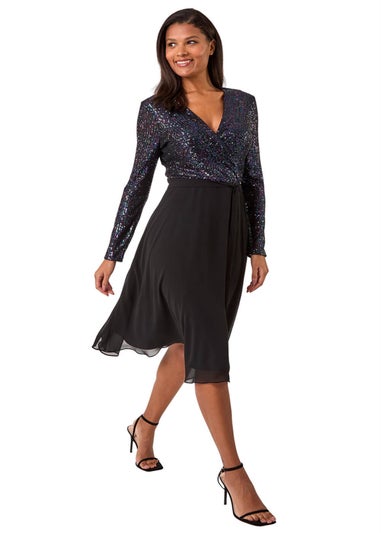 Roman Purple Sequin V-Neck Stretch Wrap Midi Dress