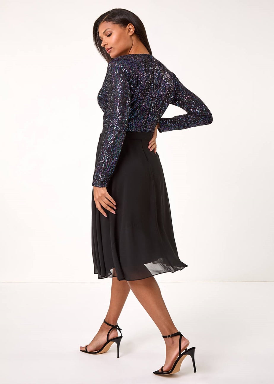 Roman Purple Sequin V-Neck Stretch Wrap Midi Dress