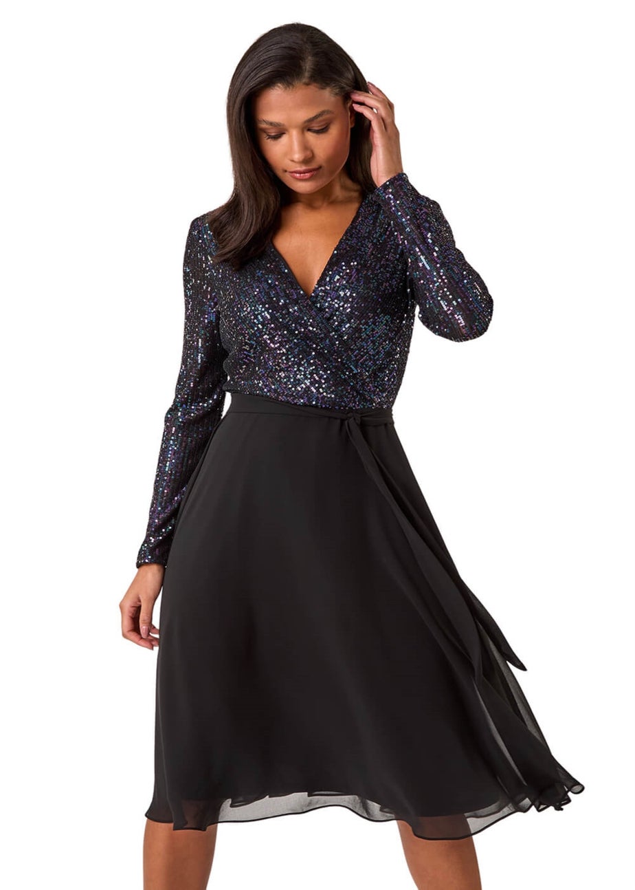 Roman Purple Sequin V-Neck Stretch Wrap Midi Dress