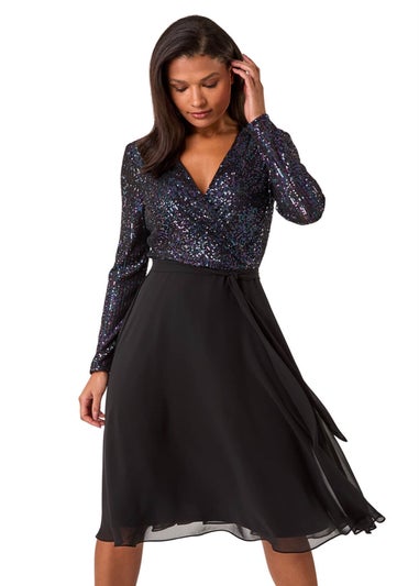 Roman Purple Sequin V-Neck Stretch Wrap Midi Dress