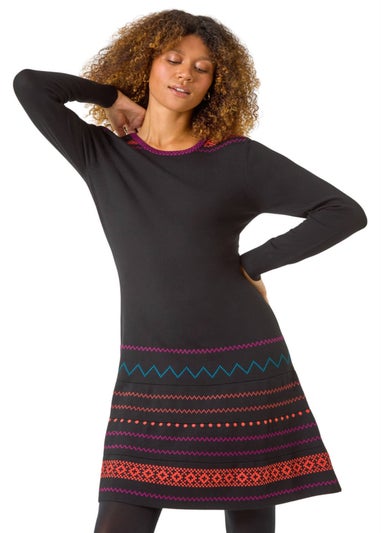 Roman Orange 2 in 1 Nordic Print Scarf Neck Knitted Dress