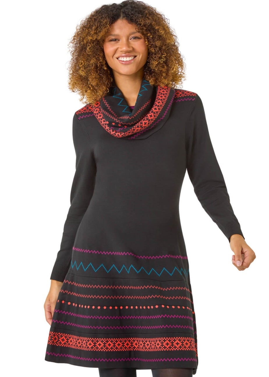 Roman Orange 2 in 1 Nordic Print Scarf Neck Knitted Dress