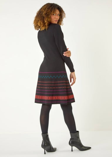 Roman Orange 2 in 1 Nordic Print Scarf Neck Knitted Dress