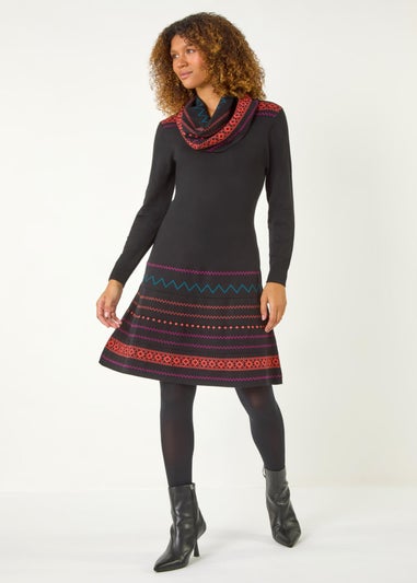 Roman Orange 2 in 1 Nordic Print Scarf Neck Knitted Dress