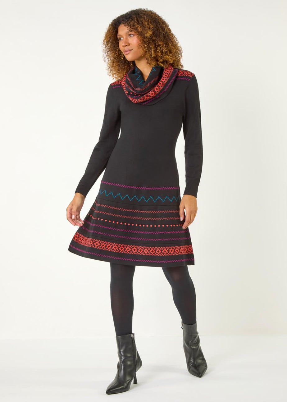 Roman Orange 2 in 1 Nordic Print Scarf Neck Knitted Dress