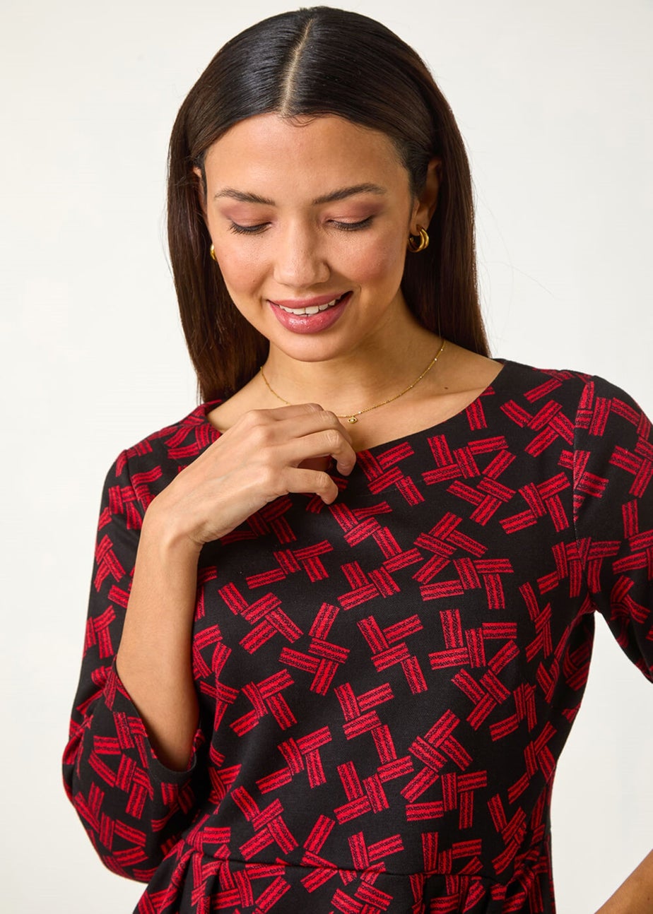 Roman Red Geometric Pleated Pocket Shift Dress