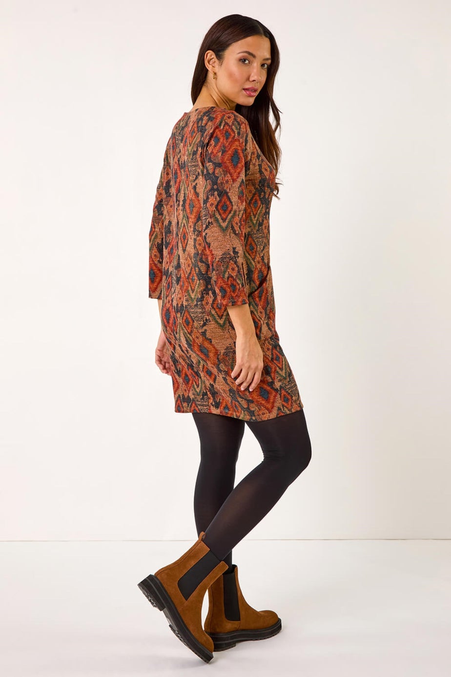 Roman Tan Aztec Print Pocket Shift Stretch Dress
