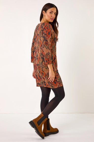 Roman Tan Aztec Print Pocket Shift Stretch Dress