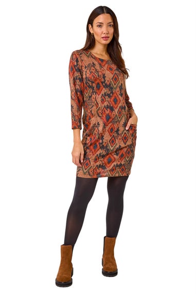 Roman Tan Aztec Print Pocket Shift Stretch Dress