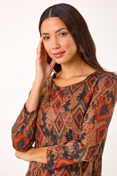 Roman Tan Aztec Print Pocket Shift Stretch Dress