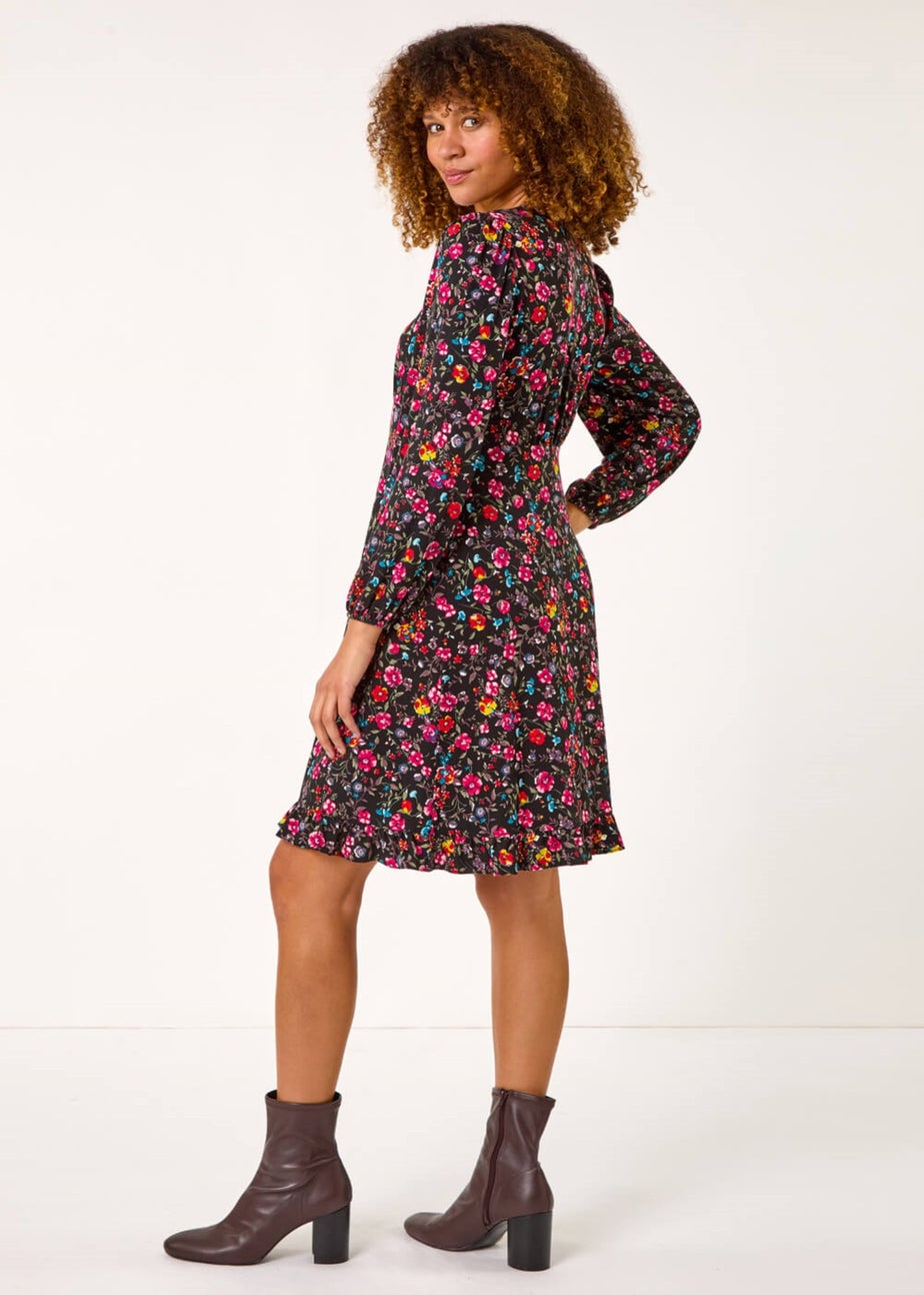 Roman Pink Floral Print Short Frill Stretch Dress