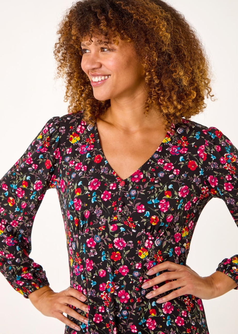 Roman Pink Floral Print Short Frill Stretch Dress