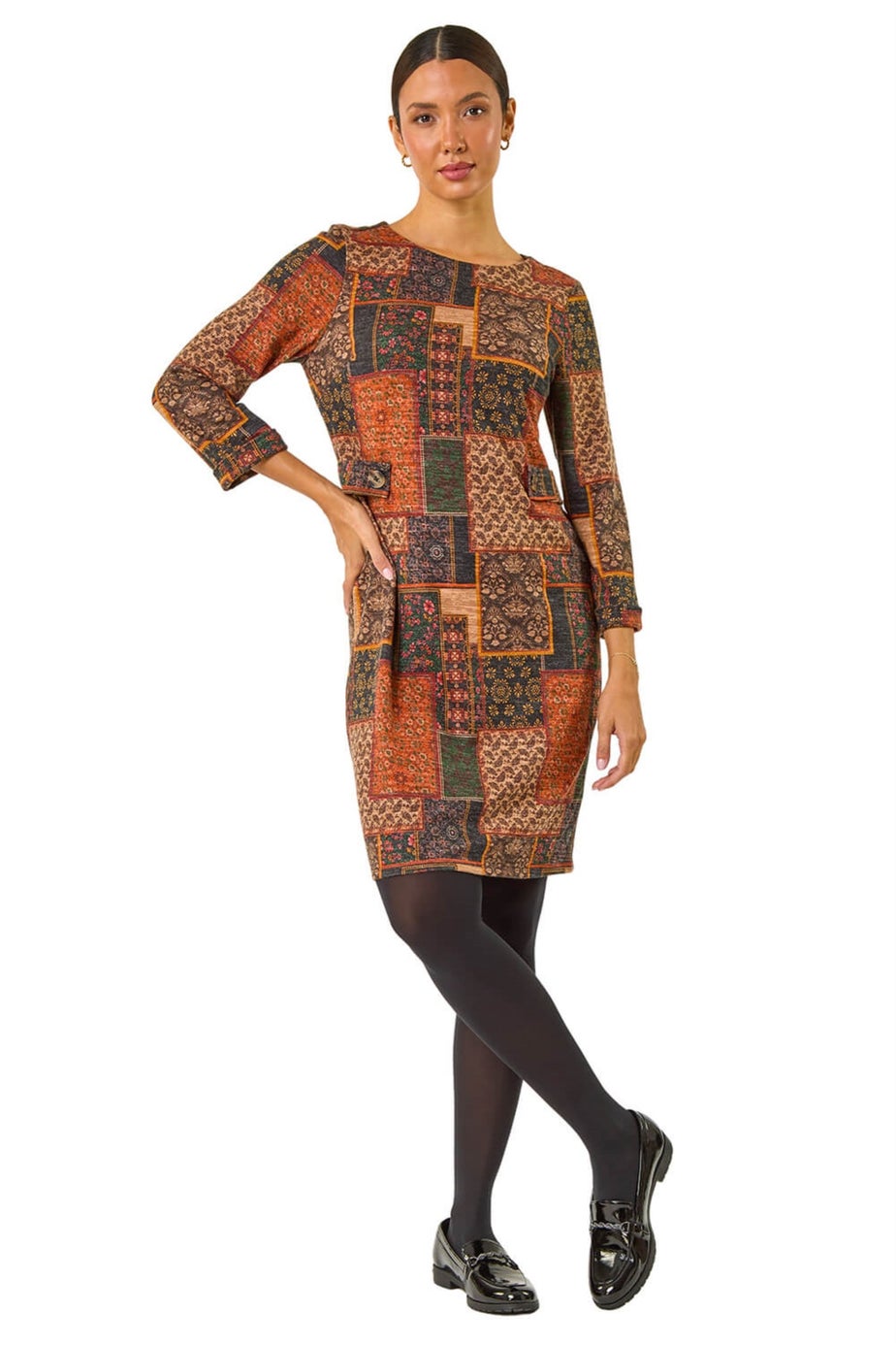 Roman Orange Patchwork Print Shift Stretch Dress