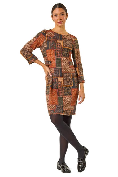 Roman Orange Patchwork Print Shift Stretch Dress