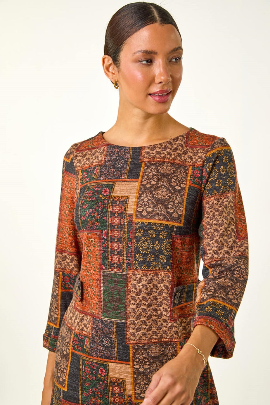 Roman Orange Patchwork Print Shift Stretch Dress