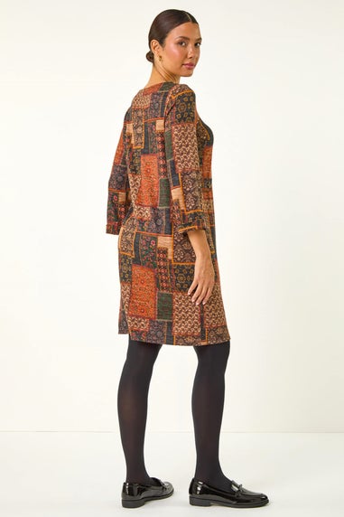 Roman Orange Patchwork Print Shift Stretch Dress