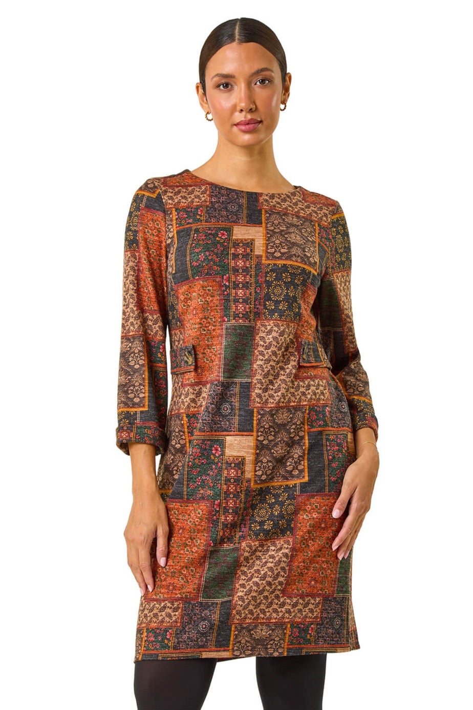 Roman Orange Patchwork Print Shift Stretch Dress
