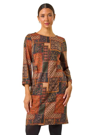 Roman Orange Patchwork Print Shift Stretch Dress