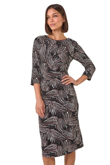 Roman Mocha Abstract Print Ruched Stretch Dress