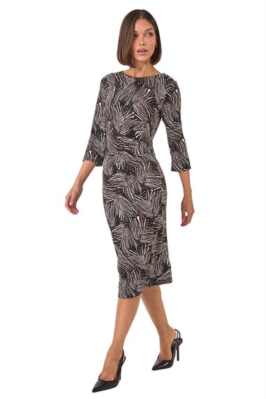 Roman Mocha Abstract Print Ruched Stretch Dress