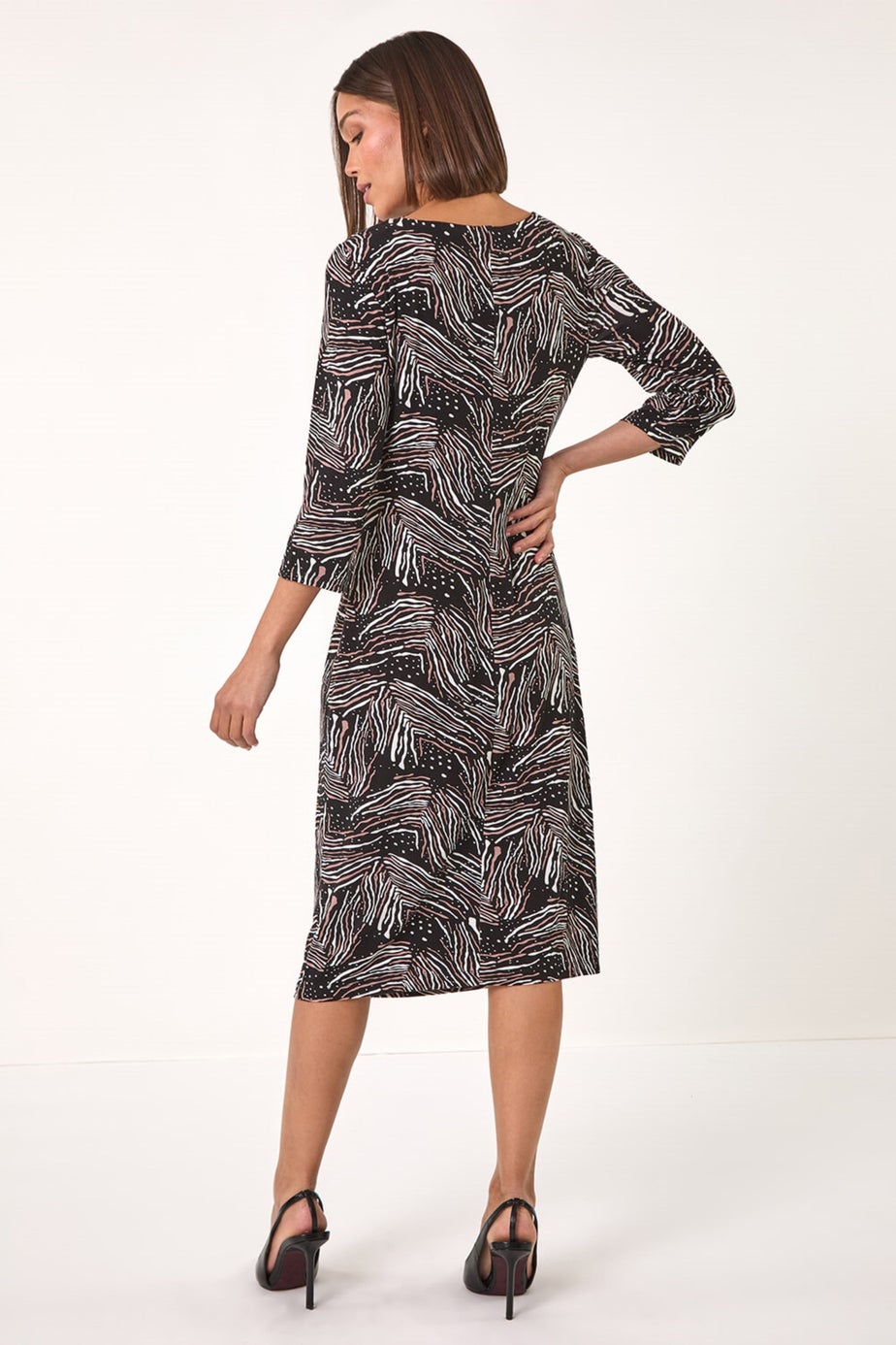 Roman Mocha Abstract Print Ruched Stretch Dress