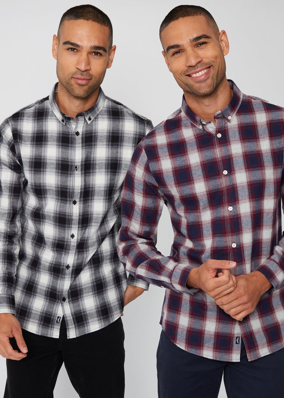 Threadbare Black Flannel Long Sleeve Check Shirts 2-Pack