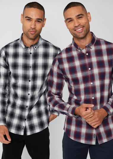 Threadbare Black Flannel Long Sleeve Check Shirts 2-Pack