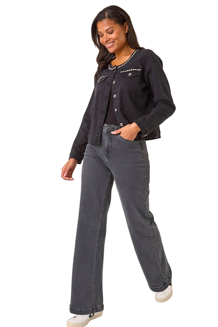 Roman Black Collarless Tape Stretch Denim Jacket