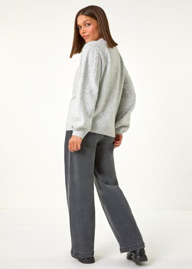 Roman Light Grey Pearl Embellished Cable Knit Jumper