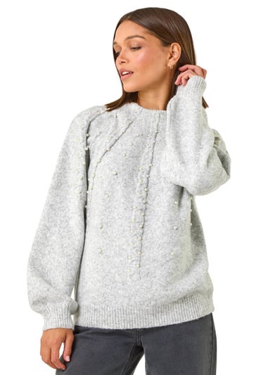 Roman Light Grey Pearl Embellished Cable Knit Jumper