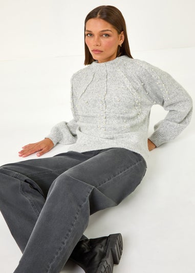 Roman Light Grey Pearl Embellished Cable Knit Jumper