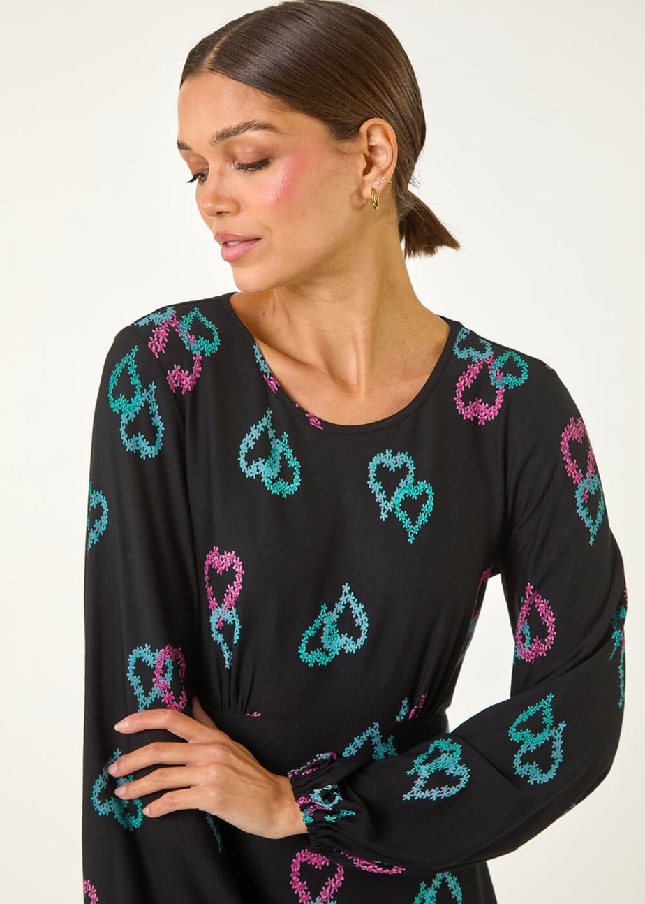 Roman Black Heart Print Tea Stretch Midi Dress