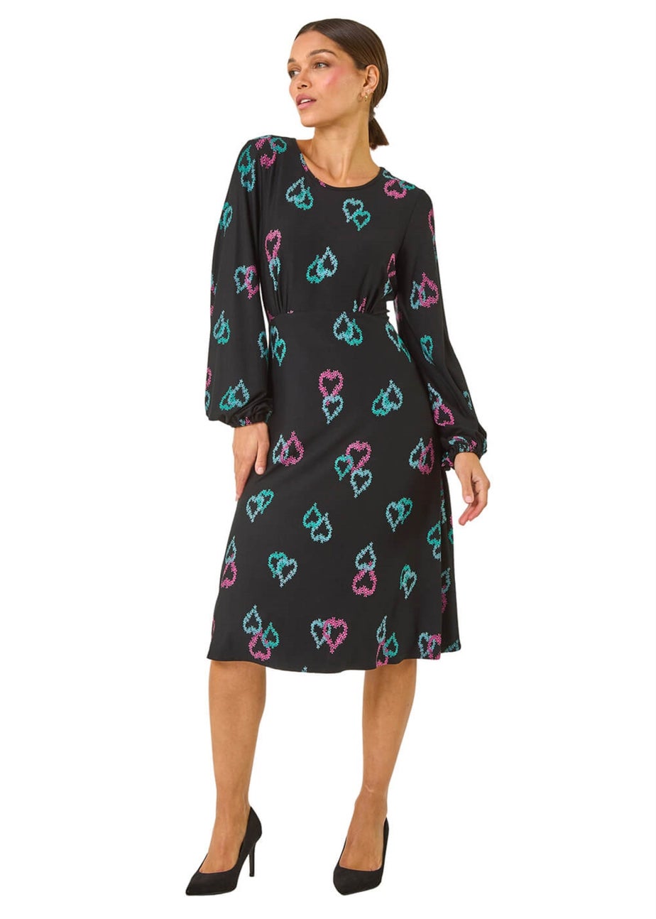Roman Black Heart Print Tea Stretch Midi Dress