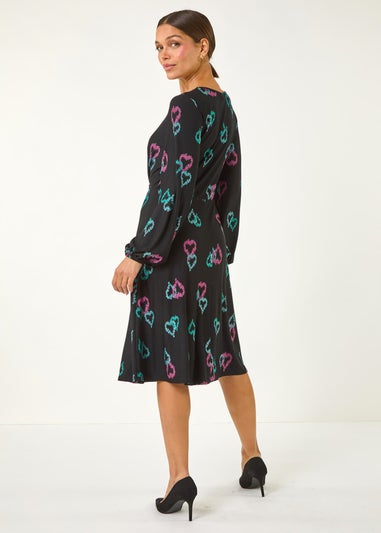 Roman Black Heart Print Tea Stretch Midi Dress