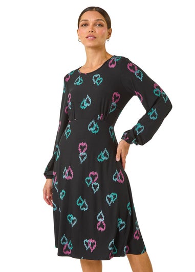 Roman Black Heart Print Tea Stretch Midi Dress