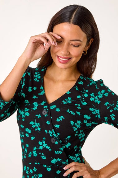 Roman Black Floral Side Button Dress