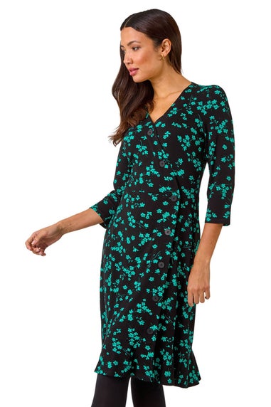 Roman Black Floral Side Button Dress