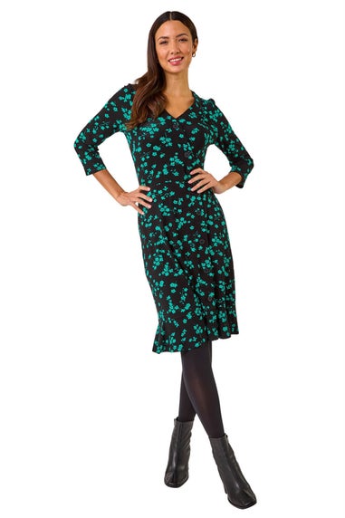 Roman Black Floral Side Button Dress