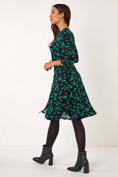 Roman Black Floral Side Button Dress
